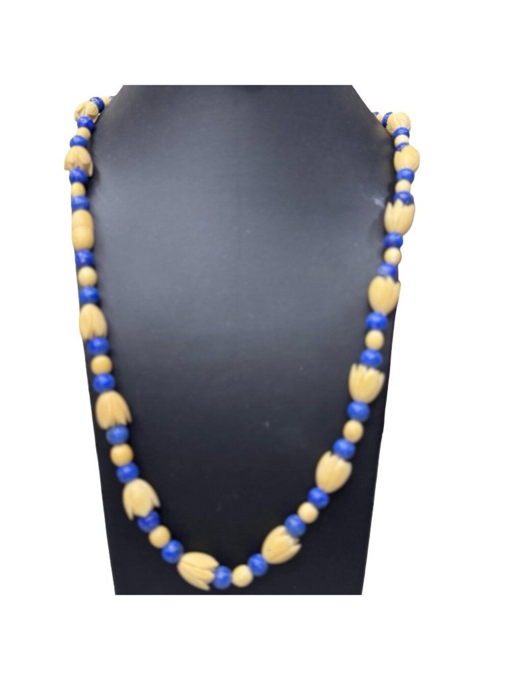 Vintage Antique Pikake Tulip Shaped Carved Bovine Bone Blue Bead Necklace 32"